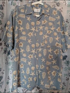 bill blass Light Blue and Cream Tropical Print Short-Sleeve Shirt
